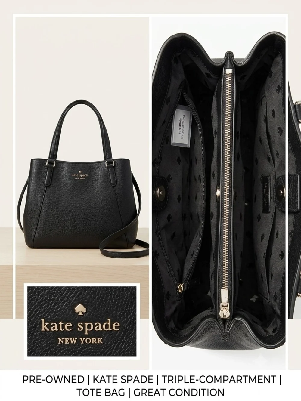 kate spade black Pebbled Leather Triple-Compartment Tote